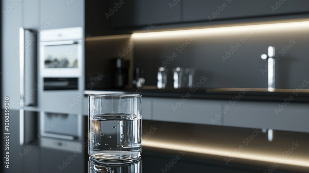 Glass of water placed on a kitchen countertop with reflections of modern appliances and sleek surfaces. Realistic Glass of water placed on a kitchen countertop with reflections of modern appliances and sleek surfaces. Realistic