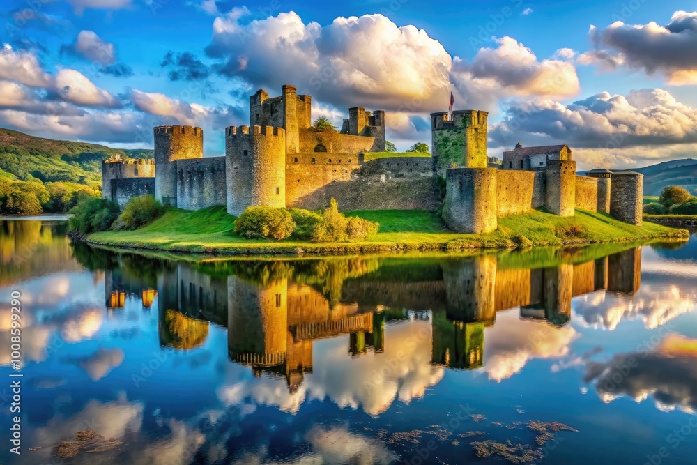 Obraz premium Majestic Caerphilly Castle Surrounded by Serene Landscapes and Reflections in the Water
