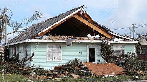 Severely damaged house after a storm, revealing exposed beams and debris outside.