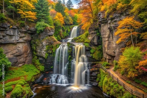 Majestic Bushkill Falls Cascading Over Rock Formations Surrounded by Lush Green Forest in Autumn