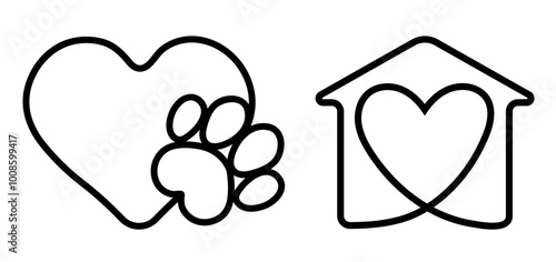 House with heart icon vector graphic design. Home family love symbol. Sweet home sign, homepage web icon. Heart and shaped pet paw print vector logo design. Cat or dog paw print with 4 fingers 