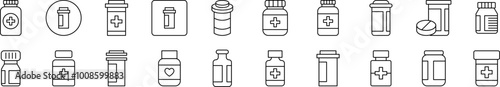 Bottle of Meds Thin Icons Collection. Editable Stroke. Suitable for Web Sites, Books, Cards, Apps