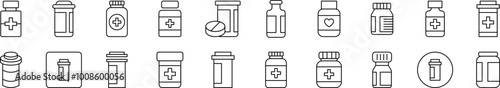 Bottle of Meds Outline Simple Linear Image Collection. Editable Stroke. Suitable for Web Sites, Books, Cards, Apps