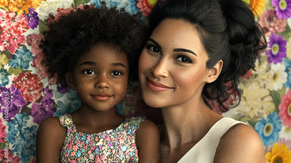 A mother and daughter smile at the camera while sitting in front of a floral backdrop A mother and daughter smile at the camera while sitting in front of a floral backdrop