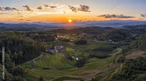 Sunset Over Rice Terraces in the Mountains