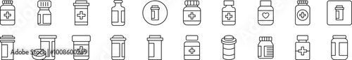 Bottle of Meds Set of Thin Icons. Editable Stroke. Suitable for Web Sites, Books, Cards, Apps