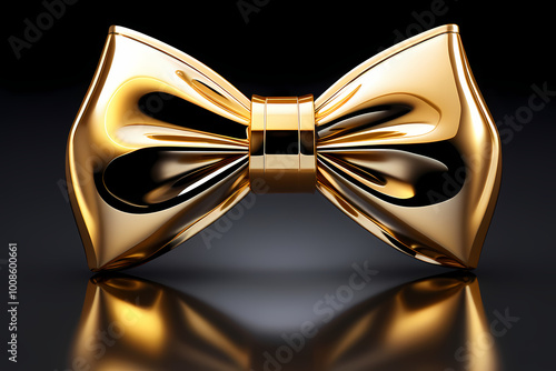 Golden decorative bow tie on dark background, shiny, symbol of elegance and style, copy space
 photo