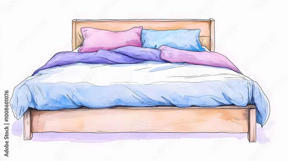 Watercolor illustration of a wooden bed with blue and pink bedding, a simple bed frame, and soft pillow, an elegant and inviting piece of bedroom furniture. Watercolor illustration of a wooden bed with blue and pink bedding, a simple bed frame, and soft pillow, an elegant and inviting piece of bedroom furniture.