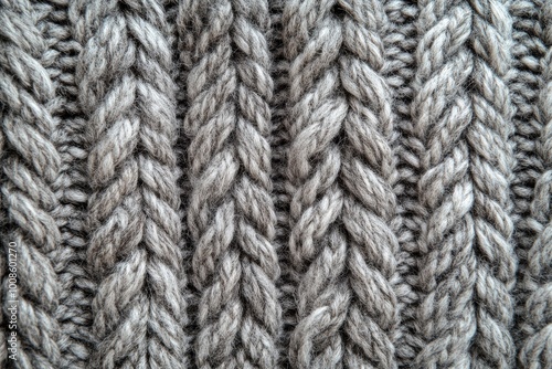 Close-up view of a textured knitted fabric showcasing intricate braid patterns in soft gray tones.