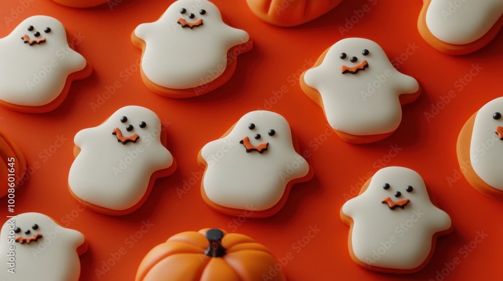 Halloween cookies shaped like friendly ghosts and pumpkins arranged in a pattern on a bright orange background. Realistic, highly detailed Halloween cookies shaped like friendly ghosts and pumpkins arranged in a pattern on a bright orange background. Realistic, highly detailed