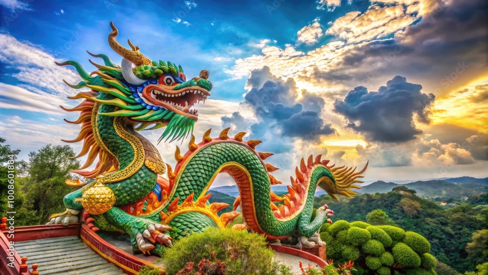 Fototapeta premium Majestic Dragon Sculpture in Traditional Chinese Style Surrounded by Lush Greenery and Clouds