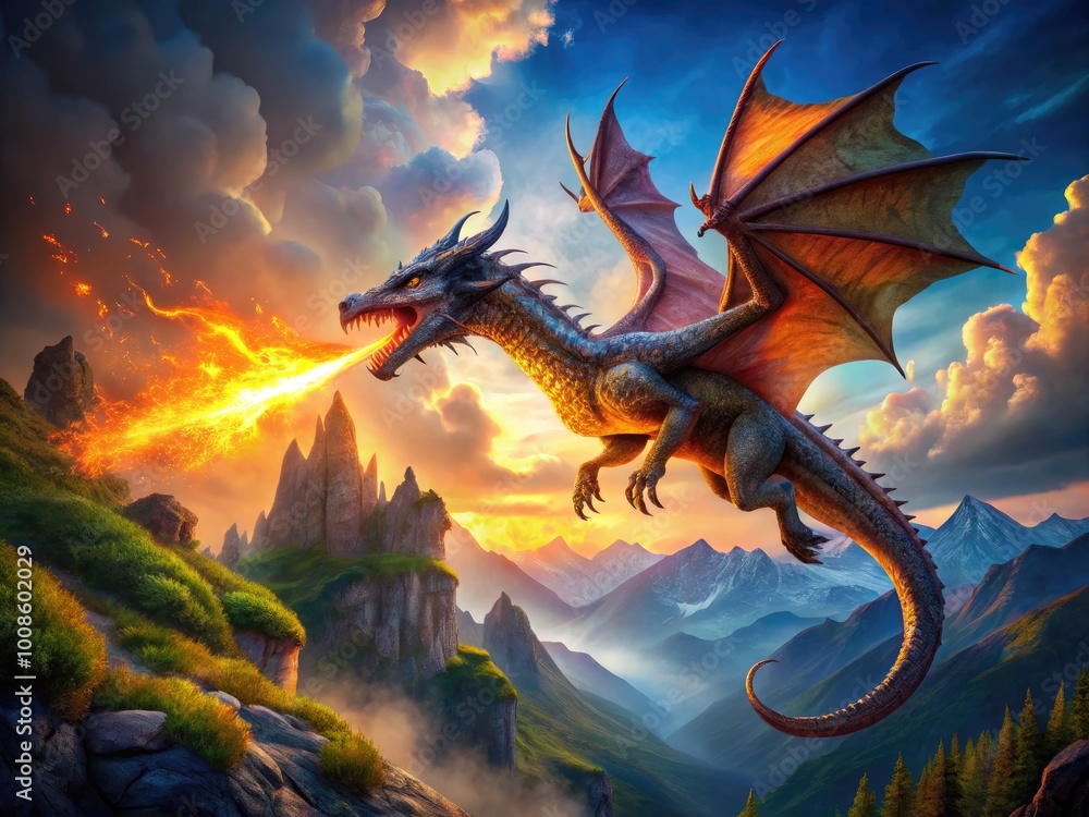 Majestic Dragon Soaring Over a Mystical Landscape with Fiery Breath and Enchanting Colors Majestic Dragon Soaring Over a Mystical Landscape with Fiery Breath and Enchanting Colors