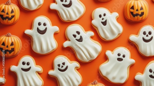 Halloween cookies shaped like smiling ghosts and pumpkins, forming a festive pattern on an orange backdrop. Realistic, detailed