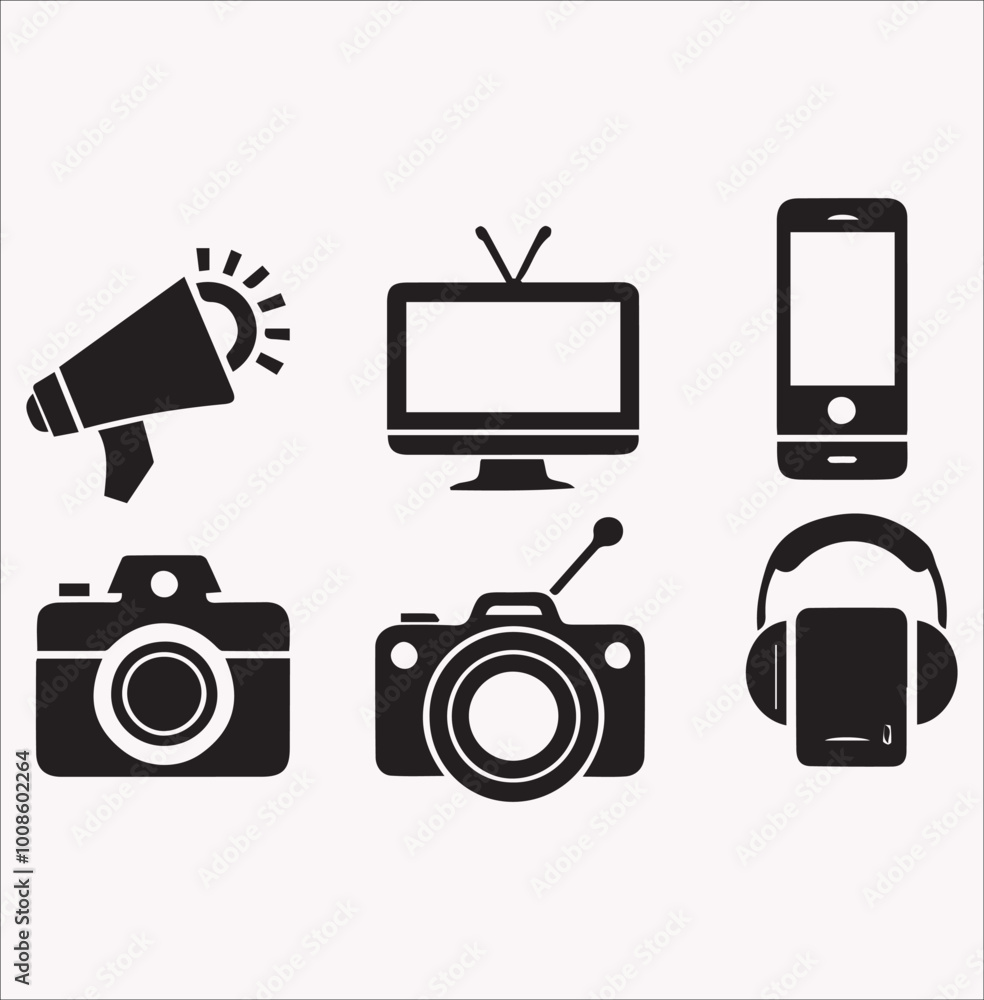 Set of Media icons vector silhouette on a white background Set of Media icons vector silhouette on a white background