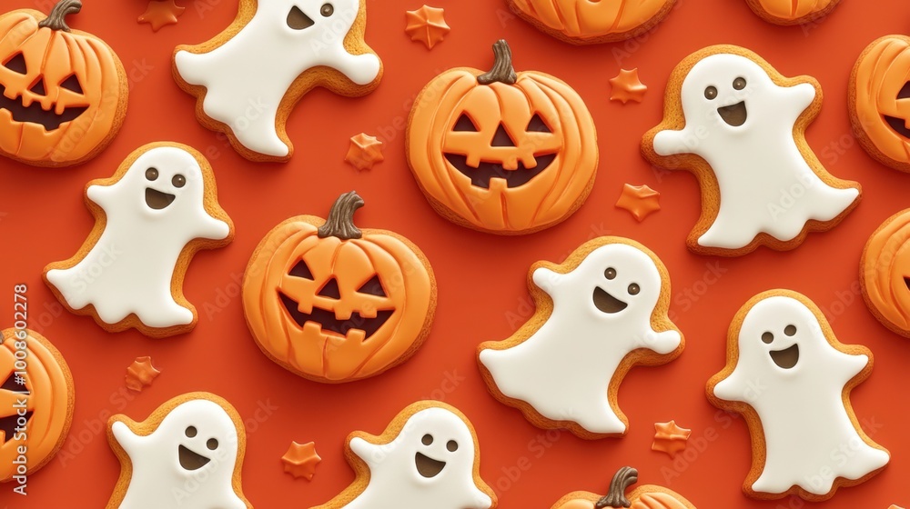 Fototapeta premium Halloween-themed cookies shaped like pumpkins and ghosts forming a repeating pattern on an orange background. Realistic, highly detailed