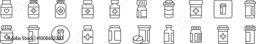 Bottle of Meds Icon Set for UI, Placards, Books, Apps. Editable Stroke. Suitable for Web Sites, Books, Cards, Apps