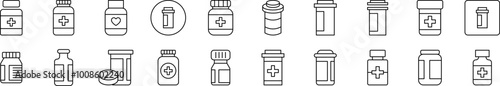 Bottle of Meds Related Line Icons for Web Sites, Books, Cards, Apps. Editable Stroke. Suitable for Web Sites, Books, Cards, Apps