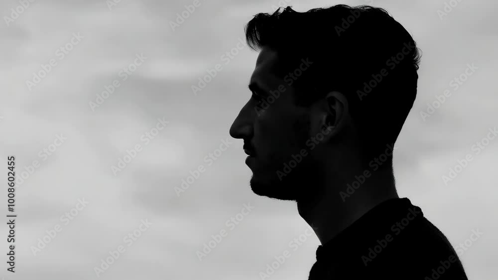 Dramatic silhouette of man against cloudy sky highlighting introspection and solitude Dramatic silhouette of man against cloudy sky highlighting introspection and solitude