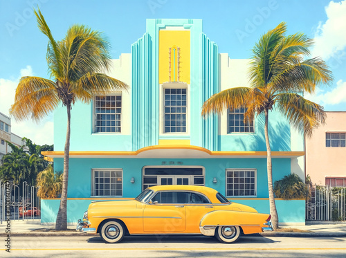 A vintage yellow car parked in front of a blue and white building with palm trees in the background.