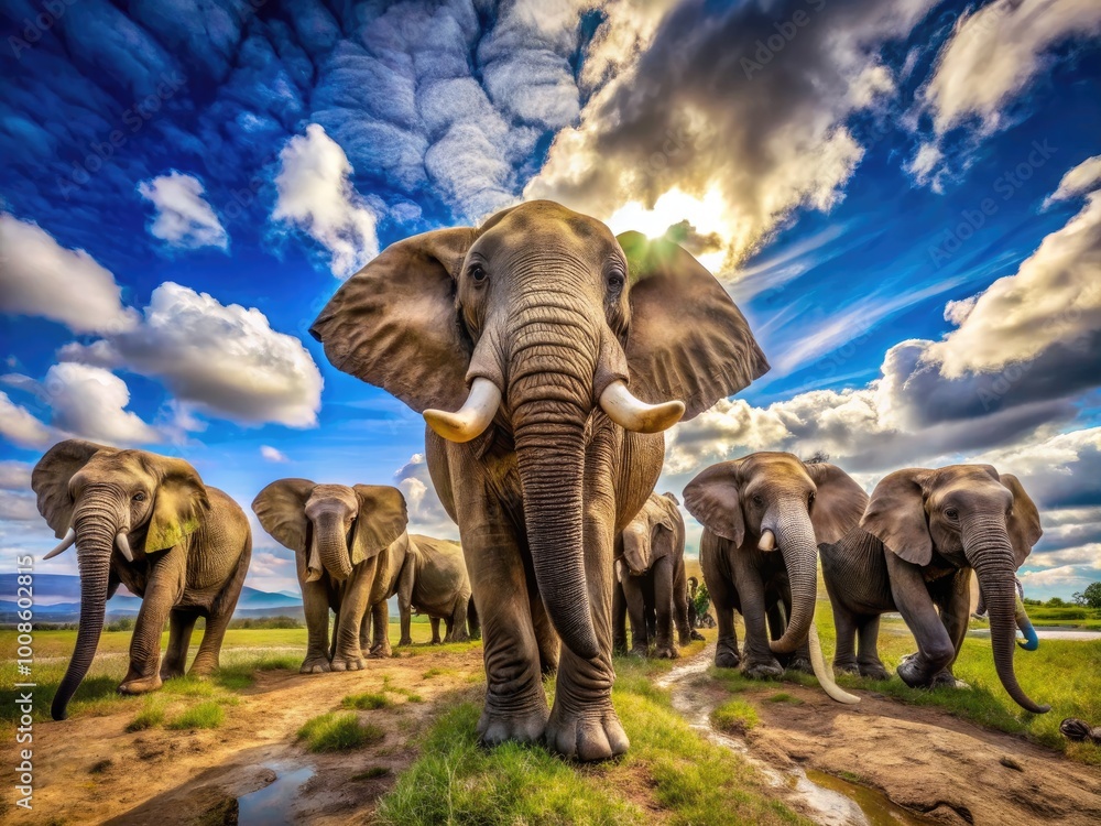 Fototapeta premium Majestic Elephants Displaying Their Unique Teeth in Natural Habitat Under Bright Sunny Sky