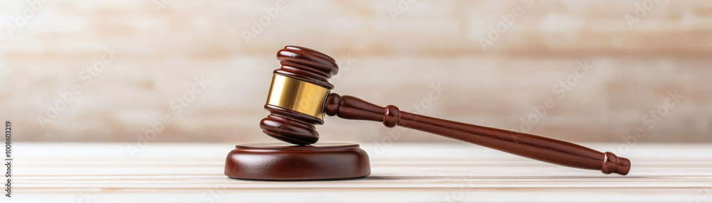 A wooden gavel rests on a table, symbolizing justice, law, and the judicial system in a legal context. A wooden gavel rests on a table, symbolizing justice, law, and the judicial system in a legal context.