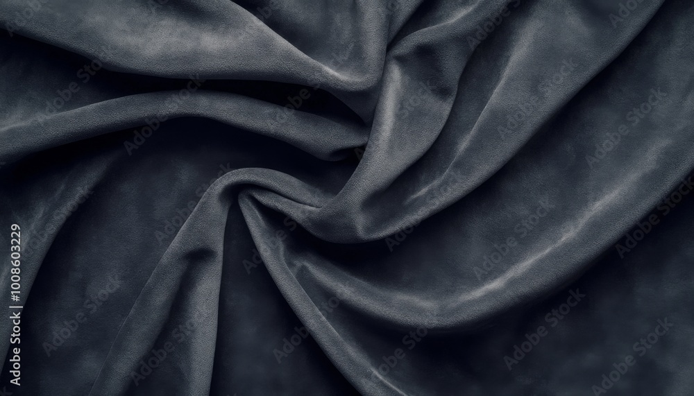 Fototapeta premium Abstract background of dark gray velvet fabric with soft folds and wrinkles.