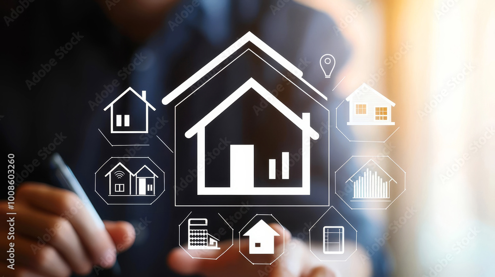 A person analyzes a digital house icon surrounded by various home-related symbols, representing real estate and smart home technology. A person analyzes a digital house icon surrounded by various home-related symbols, representing real estate and smart home technology.