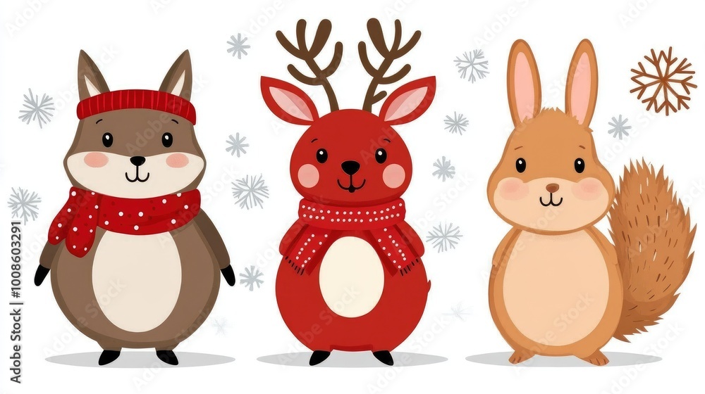 Obraz premium Three adorable winter animals enjoying a snowy day, featuring a deer, rabbit, and squirrel dressed for the chill in a whimsical landscape