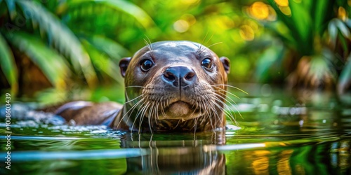 Majestic Giant Otter Swimming Gracefully in Clear Waters of the Amazon Rainforest Environment