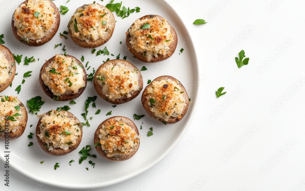 Delicious stuffed mushrooms filled with cheese, herbs, and breadcrumbs served on a stylish white plate Delicious stuffed mushrooms filled with cheese, herbs, and breadcrumbs served on a stylish white plate
