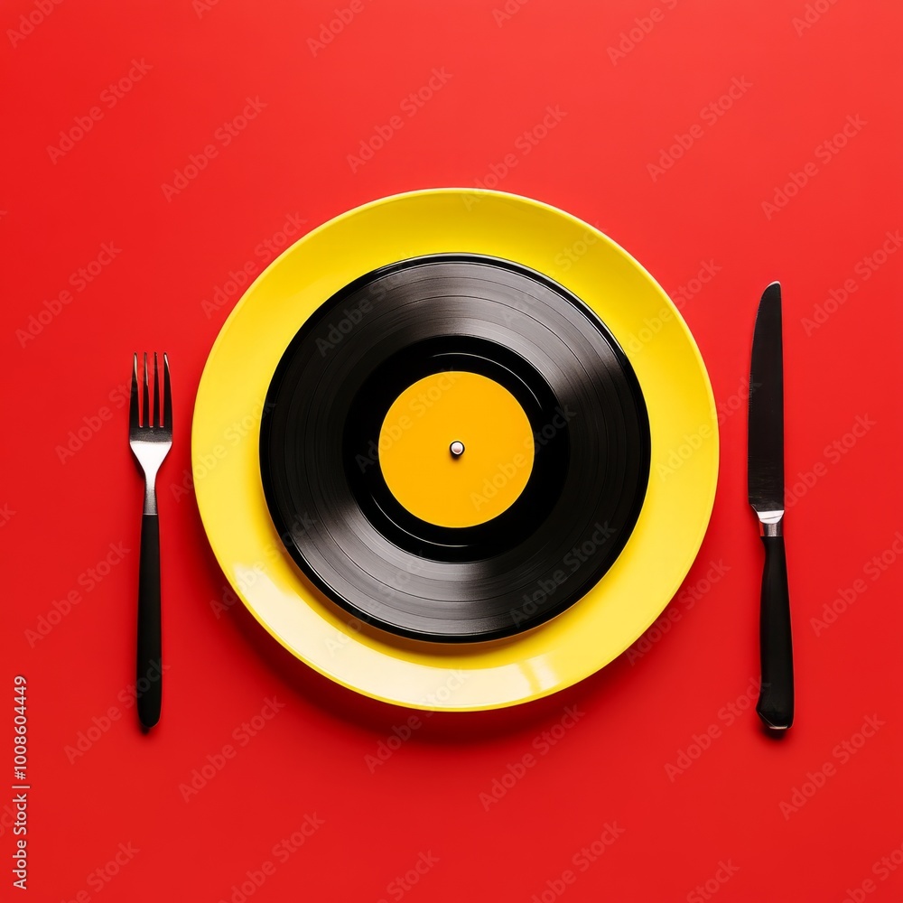 A creative arrangement with a vinyl record on a yellow plate, accompanied by a retro black camera and a disco ball, set against a vibrant red background. Disco party concept. A creative arrangement with a vinyl record on a yellow plate, accompanied by a retro black camera and a disco ball, set against a vibrant red background. Disco party concept.