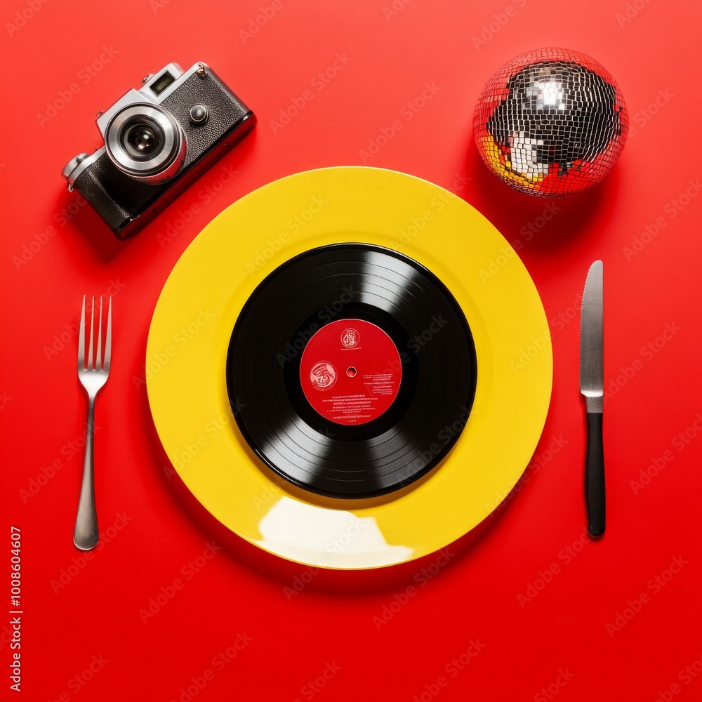 © Sanja - A creative arrangement with a vinyl record on a yellow plate, accompanied by a retro black camera and a disco ball, set against a vibrant red background. Disco party concept. © Sanja - A creative arrangement with a vinyl record on a yellow plate, accompanied by a retro black camera and a disco ball, set against a vibrant red background. Disco party concept.