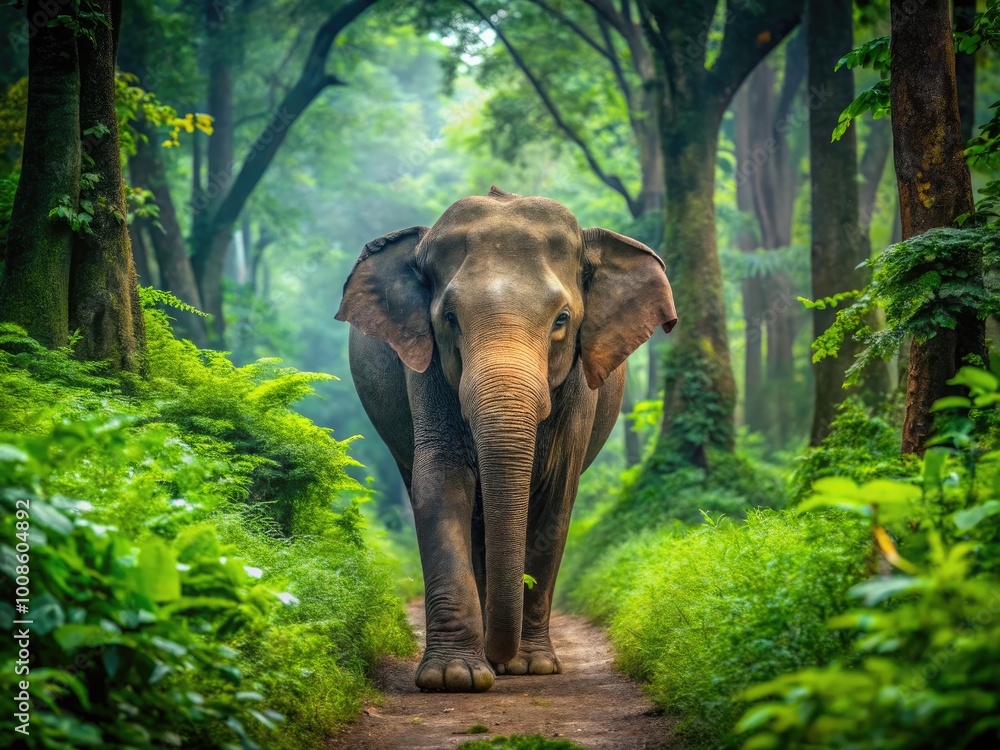 Fototapeta premium Majestic Indian Elephant Walking Through Lush Green Forest Under Bright Blue Sky in Nature's Beauty