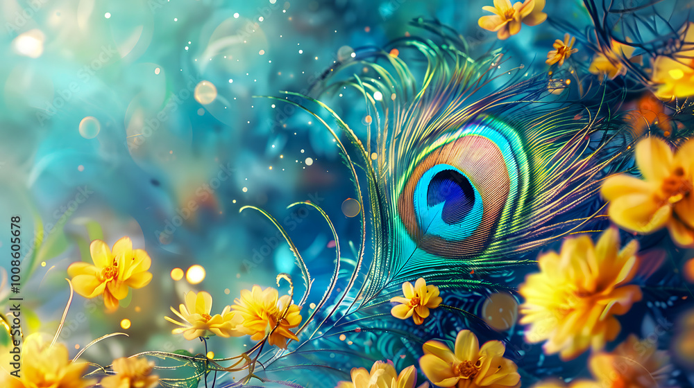 Fototapeta premium Watercolor style illustration for vishu with peacock feather and yellow flowers