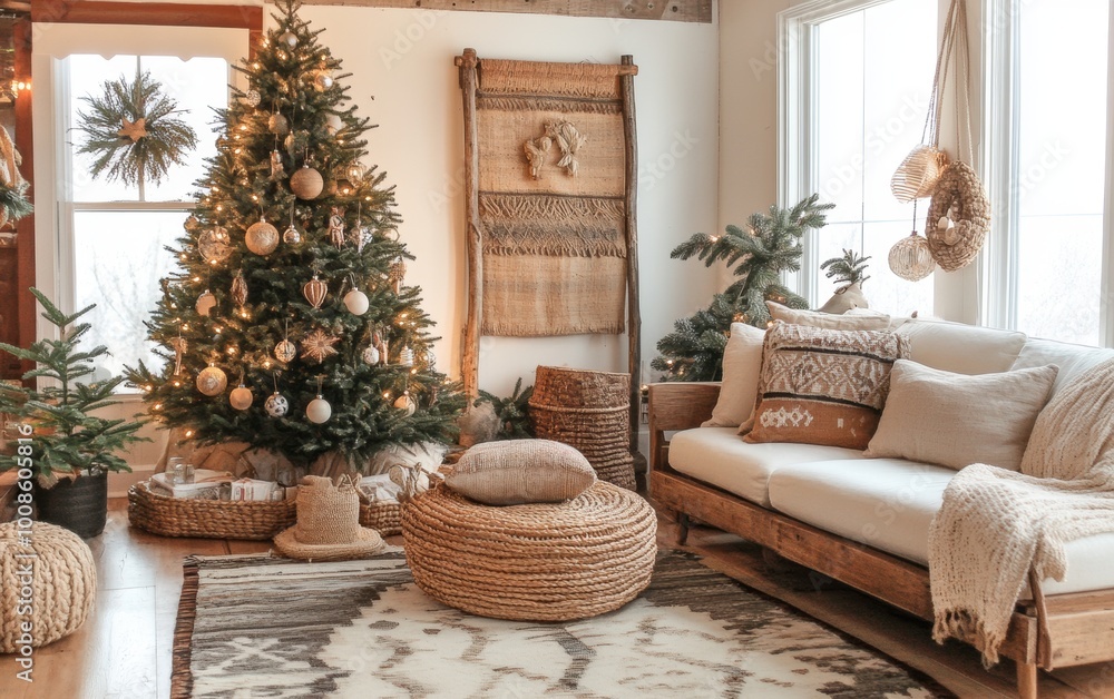 Cozy living room adorned with a boho Christmas tree, woven textures, and warm lighting for a festive atmosphere Cozy living room adorned with a boho Christmas tree, woven textures, and warm lighting for a festive atmosphere