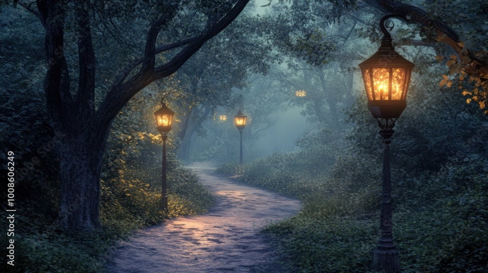 Lanterns illuminating a winding path through a mystical forest at twilight, creating a warm, enchanting ambiance. Realistic, very detailed Lanterns illuminating a winding path through a mystical forest at twilight, creating a warm, enchanting ambiance. Realistic, very detailed
