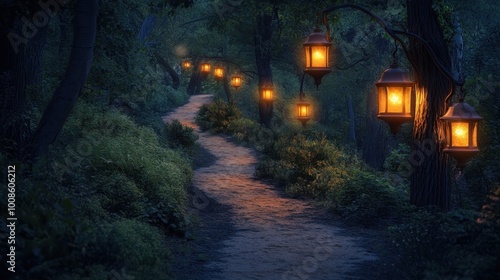 Lanterns illuminating a winding path through a mystical forest at twilight, creating a warm, enchanting ambiance. Realistic, very detailed