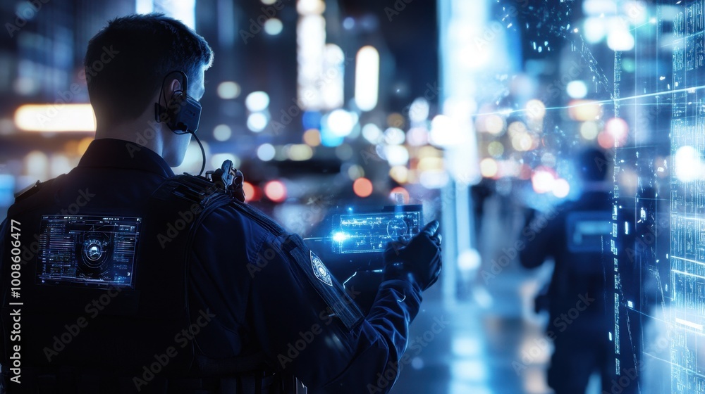 Law enforcement officers deploying high-tech tracking tools to respond to an unfolding emergency. Realistic, very detailed. Law enforcement officers deploying high-tech tracking tools to respond to an unfolding emergency. Realistic, very detailed.