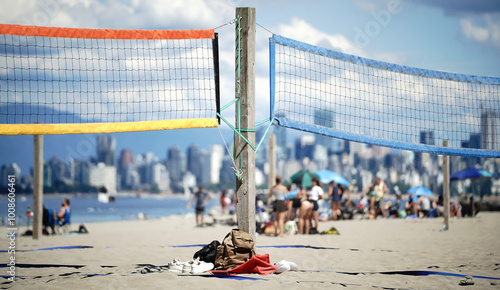 Beach volleyball court on the coast of Vancouver, Canada. Sport and recreation