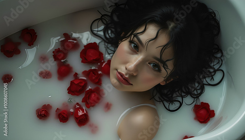 woman immersed in bathtub with milk and red petals