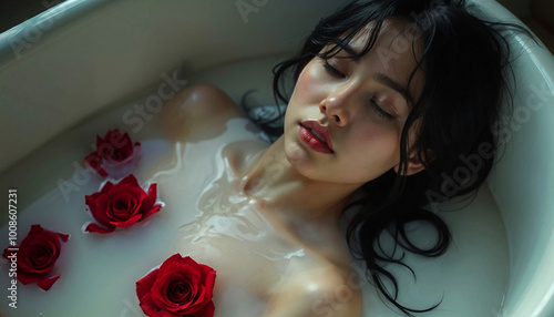 woman immersed in bathtub with milk and red petals