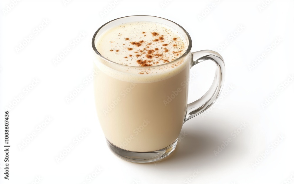 Creamy spiced eggnog served in a glass mug with delicate spices and rich texture against a clean white background Creamy spiced eggnog served in a glass mug with delicate spices and rich texture against a clean white background