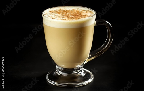 Indulgent spiced eggnog in a glass mug with nutmeg garnish against a sleek black background for a cozy winter vibe