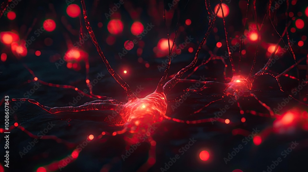 A detailed illustration of interconnected neural cells emitting vibrant red light, symbolizing brain activity and communication. A detailed illustration of interconnected neural cells emitting vibrant red light, symbolizing brain activity and communication.