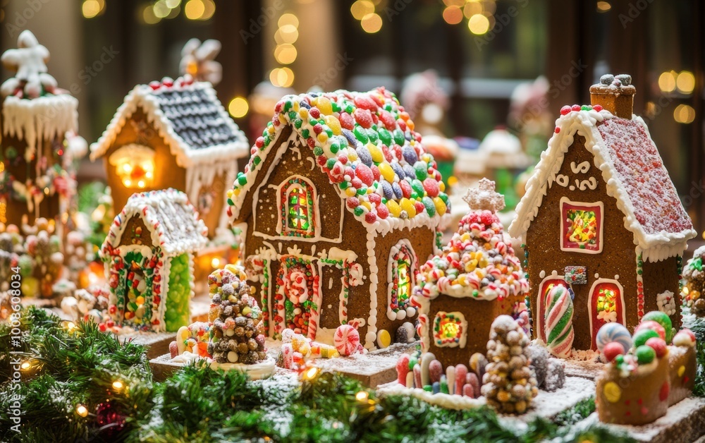 Fototapeta premium A festive display of intricately decorated gingerbread houses surrounded by twinkling lights and holiday greenery