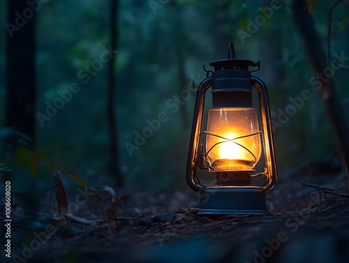 A single bright lantern glowing in the middle of a dark forest, with the soft light illuminating the nearby trees.