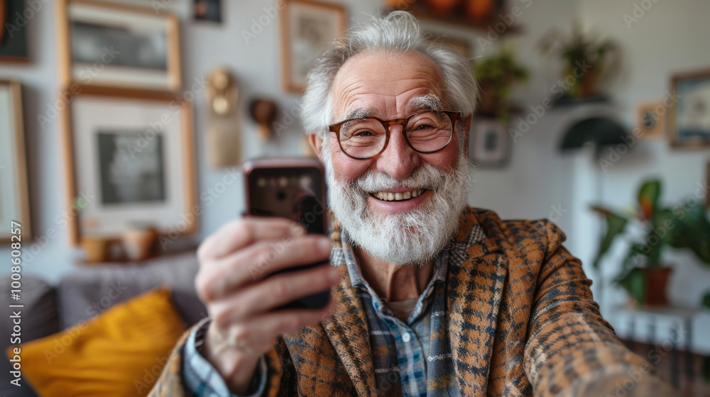 portrait of a Caucasian elderly man 70 years old holding a smartphone and smiling looking at the camera while at home portrait of a Caucasian elderly man 70 years old holding a smartphone and smiling looking at the camera while at home
