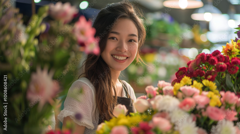 portrait of a beautiful asian young woman florist among beautiful bouquets in a flower shop smiling looking at the camera portrait of a beautiful asian young woman florist among beautiful bouquets in a flower shop smiling looking at the camera