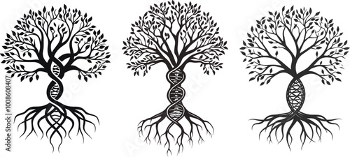Tree of Life with DNA Roots Vector Set. Symbolic Nature Illustrations