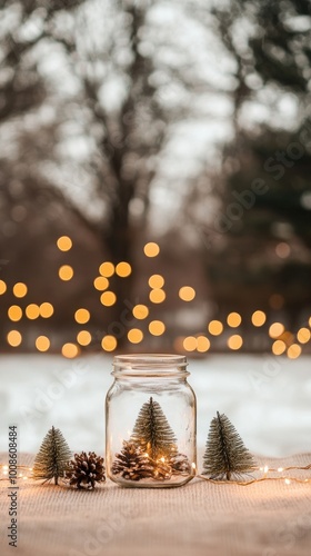 A magical winter jar filled with Christmas trees and pine cones surrounded by glowing lights in a snowy forest setting photo